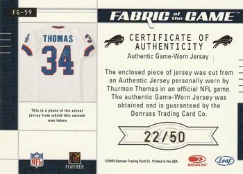 2003 Leaf Certified Materials - Fabric of the Game #FG-59 Thurman Thomas Back