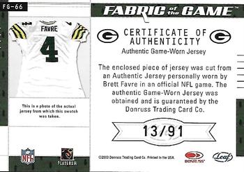 2003 Leaf Certified Materials - Fabric of the Game #FG-66 Brett Favre Back