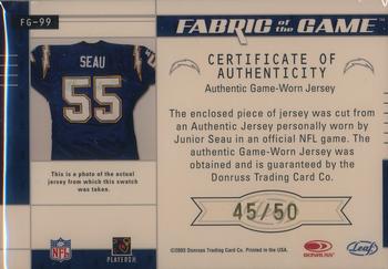 2003 Leaf Certified Materials - Fabric of the Game #FG-99 Junior Seau Back