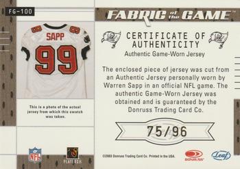 2003 Leaf Certified Materials - Fabric of the Game #FG-100 Warren Sapp Back