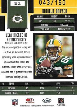 2003 Leaf Certified Materials - Mirror Red #51 Donald Driver Back