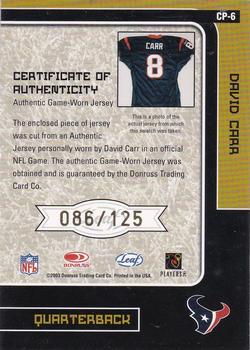 2003 Leaf Certified Materials - Certified Potential #CP-6 David Carr Back