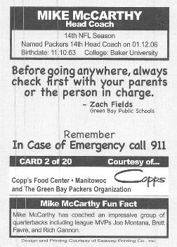 2006 Green Bay Packers Police - Copps Food Center, Manitowoc Police Department #2 Mike McCarthy Back