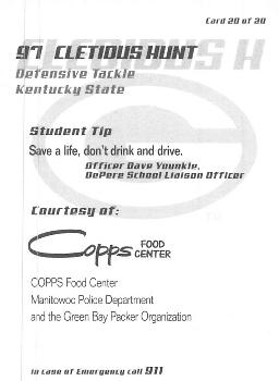 2003 Green Bay Packers Police - Copps Food Center, Manitowoc Police Department #20 Cletidus Hunt Back