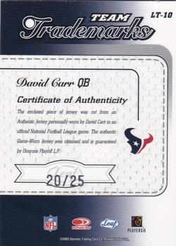 2003 Leaf Limited - Team Trademarks Autographs Limited #LT-10 David Carr Back