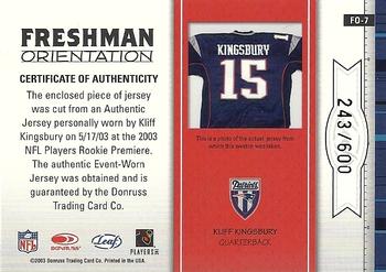 2003 Leaf Rookies & Stars - Freshman Orientation Jersey #FO-7 Kliff Kingsbury Back