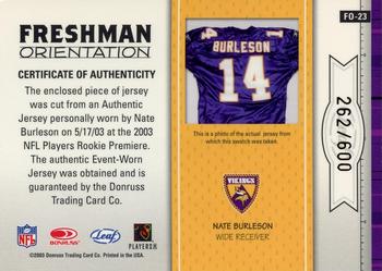 2003 Leaf Rookies & Stars - Freshman Orientation Jersey #FO-23 Nate Burleson Back