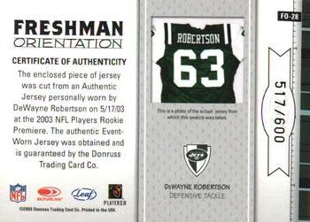 2003 Leaf Rookies & Stars - Freshman Orientation Jersey #FO-28 DeWayne Robertson Back