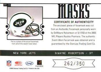 2003 Leaf Rookies & Stars - Masks #RM-28 DeWayne Robertson Back