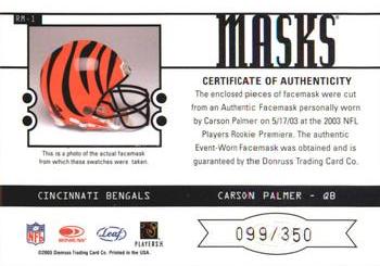 2003 Leaf Rookies & Stars - Masks Duals #RM-1 Carson Palmer Back