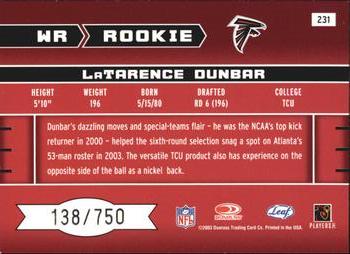 2003 Leaf Rookies & Stars - Rookie Autographs #231 LaTarence Dunbar Back
