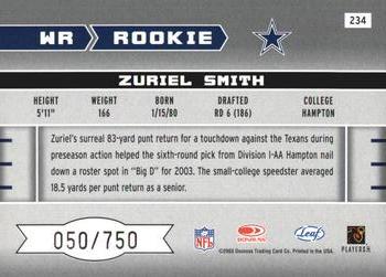 2003 Leaf Rookies & Stars - Rookie Autographs #234 Zuriel Smith Back