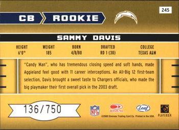 2003 Leaf Rookies & Stars - Rookie Autographs #245 Sammy Davis Back