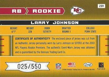 2003 Leaf Rookies & Stars - Rookie Autographs #259 Larry Johnson Back