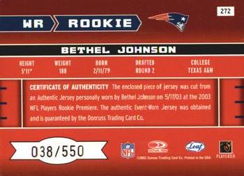 2003 Leaf Rookies & Stars - Rookie Autographs #272 Bethel Johnson Back