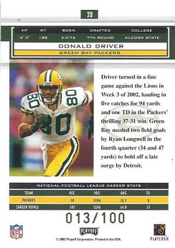 2003 Playoff Honors - O's #23 Donald Driver Back