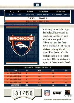 2003 Playoff Honors - O's #154 Cecil Sapp Back