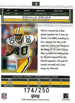 2003 Playoff Honors - X's #23 Donald Driver Back