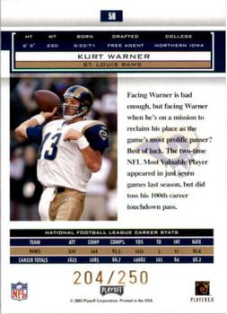 2003 Playoff Honors - X's #58 Kurt Warner Back