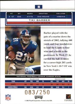 2003 Playoff Honors - X's #86 Tiki Barber Back