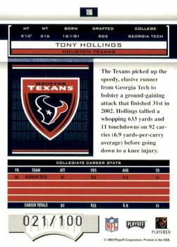 2003 Playoff Honors - X's #116 Tony Hollings Back