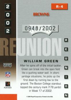 2003 Playoff Prestige - 2002 Reunion #R-4 William Green Back