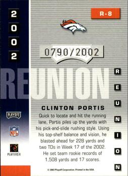 2003 Playoff Prestige - 2002 Reunion #R-8 Clinton Portis Back