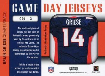 2003 Playoff Prestige - Game Day Jerseys #GDJ-3 Brian Griese Back