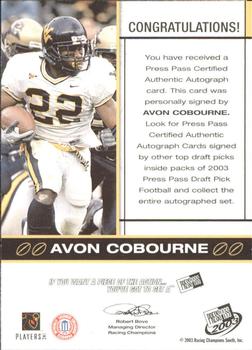 2003 Press Pass - Autographs Bronze #NNO Avon Cobourne Back