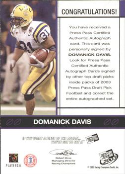 2003 Press Pass - Autographs Bronze #NNO Domanick Davis Back