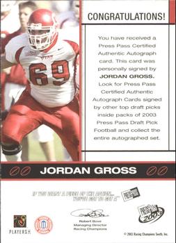 2003 Press Pass - Autographs Bronze #NNO Jordan Gross Back