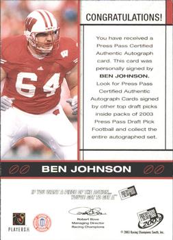 2003 Press Pass - Autographs Bronze #NNO Ben Johnson Back
