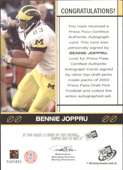 2003 Press Pass - Autographs Bronze #NNO Bennie Joppru Back