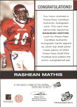 2003 Press Pass - Autographs Bronze #NNO Rashean Mathis Back