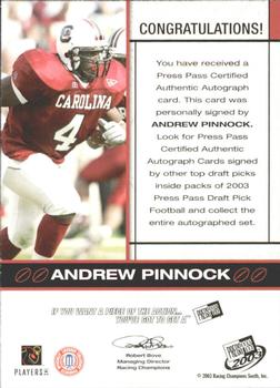 2003 Press Pass - Autographs Bronze #NNO Andrew Pinnock Back