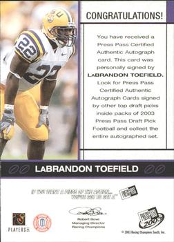 2003 Press Pass - Autographs Bronze #NNO LaBrandon Toefield Back
