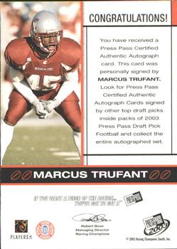 2003 Press Pass - Autographs Bronze #NNO Marcus Trufant Back