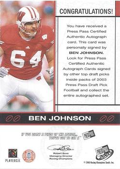 2003 Press Pass - Autographs Silver #NNO Ben Johnson Back