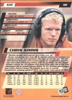 2003 Press Pass - Gold Zone #G10 Chris Simms Back