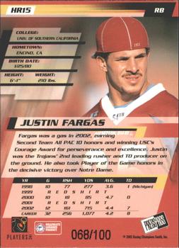 2003 Press Pass - Reflectors Proofs #HR15 Justin Fargas Back