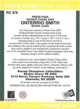 2003 Press Pass - Rookie Chase #RC8 Onterrio Smith Back