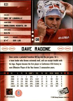 2003 Press Pass JE - Retail #R31 Dave Ragone Back