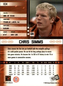 2003 Press Pass JE - Retail #R34 Chris Simms Back