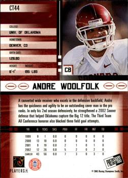 2003 Press Pass JE - Tin #CT44 Andre Woolfolk Back