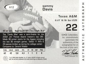 2003 SAGE - Autographs Red #A12 Sammy Davis Back