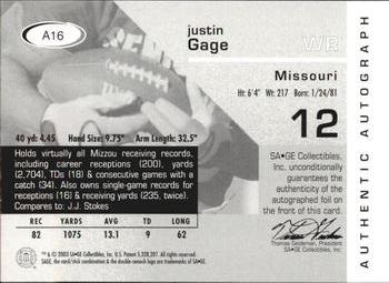 2003 SAGE - Autographs Red #A16 Justin Gage Back