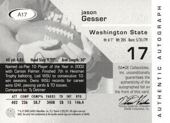 2003 SAGE - Autographs Red #A17 Jason Gesser Back