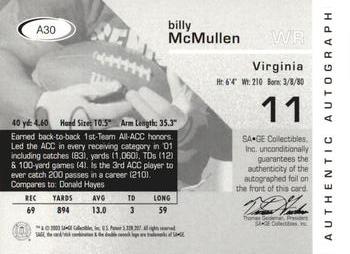 2003 SAGE - Autographs Red #A30 Billy McMullen Back