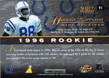 1996 Select Certified #91 Marvin Harrison Back