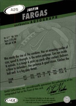 2003 SAGE HIT - Autographs Emerald #A25 Justin Fargas Back
